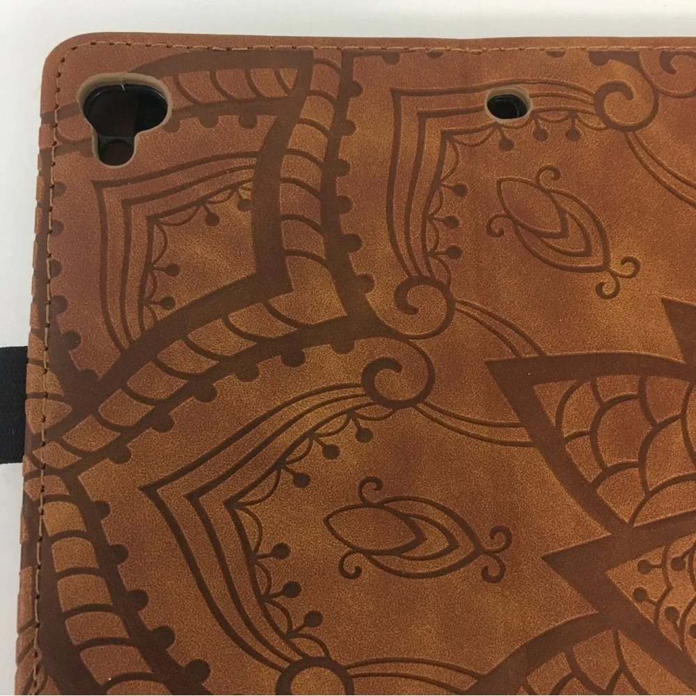 Tablet Device Holder Case embossed leaf print sorrel tan EUC